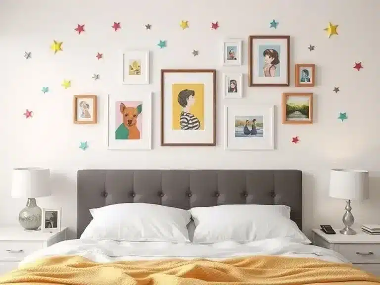 Bedroom wall with colorful decals and lightweight art pieces displayed neatly.