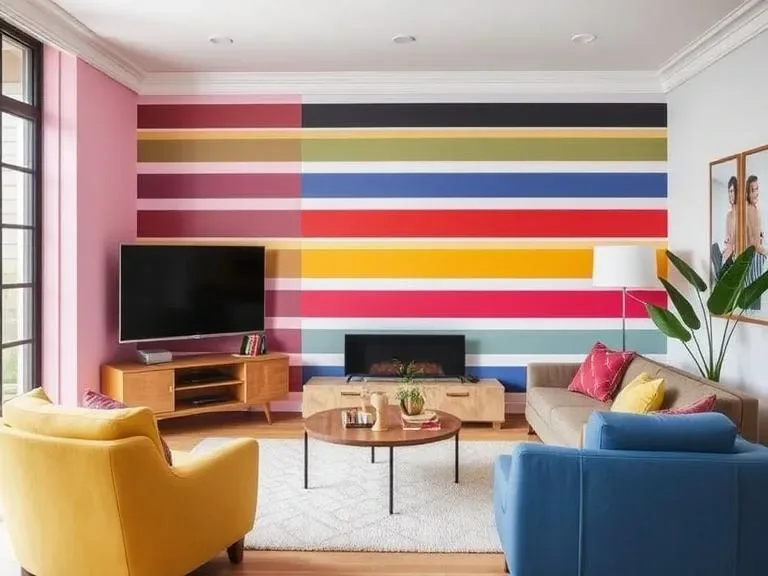 A bold accent wall with stripes in a modern living room, creating a stylish focal point.