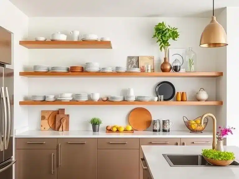 Installing floating shelves and open shelving for a modern, functional kitchen.