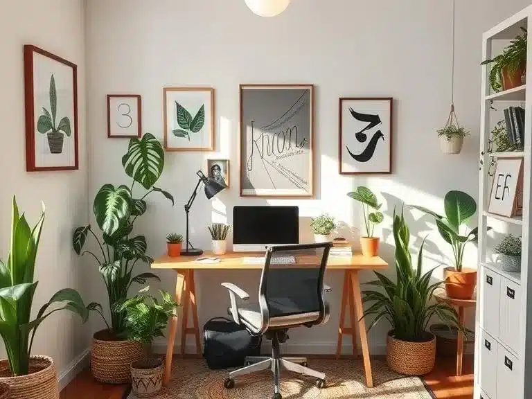 A home office with plants and personal touches, adding warmth and inspiration.