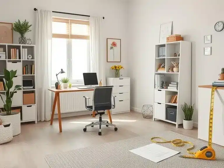 A person assessing their home office space with a checklist and measuring tape.