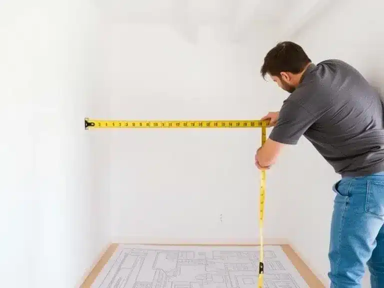 Measuring and evaluating a small room before starting renovations.