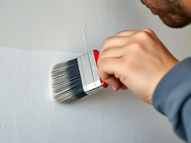 Close-up of a painter’s hand holding a brush with clean, precise cutting in lines.