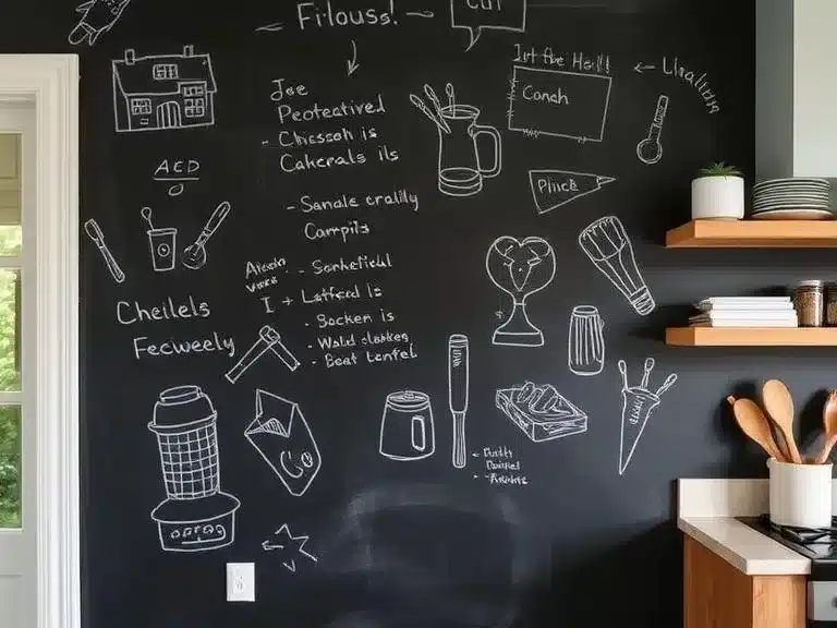 A chalkboard wall in a kitchen with notes and drawings, showcasing functional wall paint.