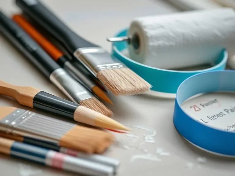 Assorted painting tools including brushes, rollers, and painter’s tape, ready for a DIY project.