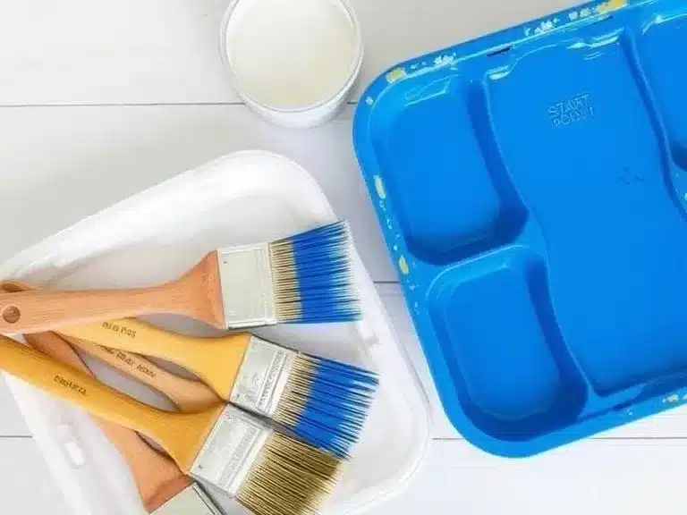 Clean brushes, paint trays, and stored leftover paint after a successful painting job.