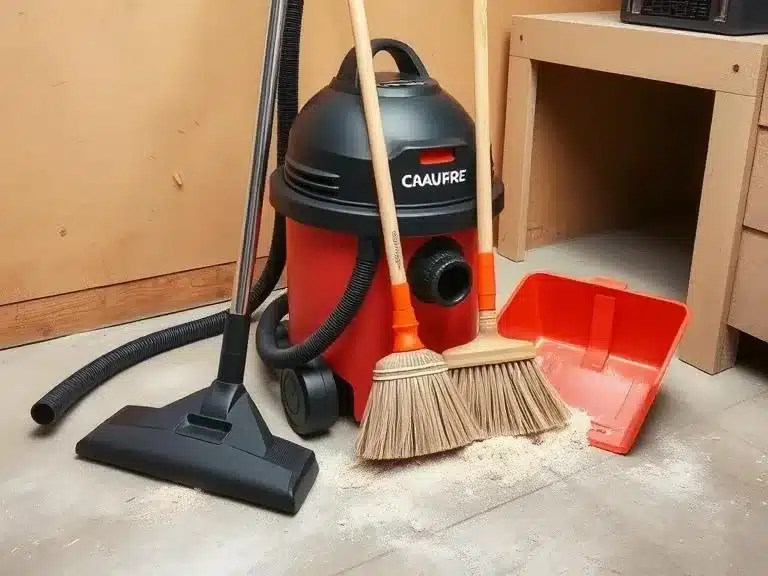 Shop vacuum, broom, and dustpan for cleaning up after a DIY home renovation project.