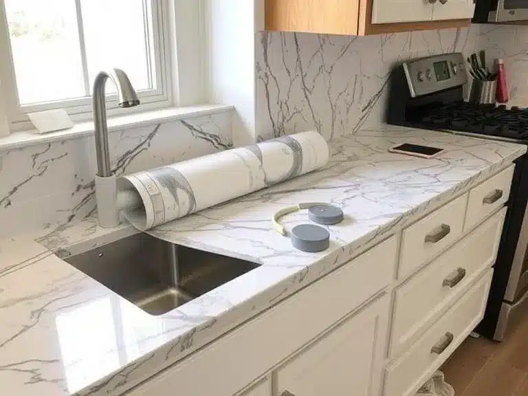 A kitchen countertop being covered with marble-patterned contact paper.