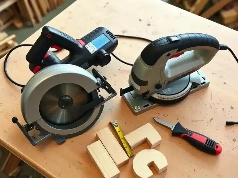 Circular saw, jigsaw, and utility knife for cutting and shaping materials during DIY projects.