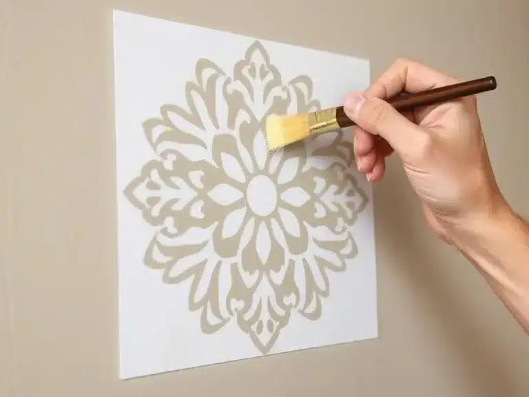 A hand using a stencil to paint a decorative design on a wall.