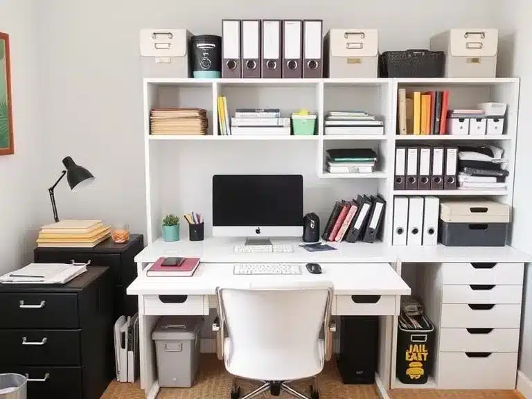 A decluttered and organized home office with clear desk space and neat storage.