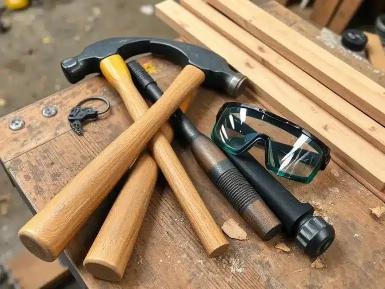 Sledgehammer, pry bar, and safety goggles used for safe demolition in DIY renovation.