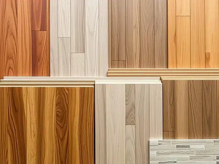 Different types of flooring options including hardwood, vinyl, laminate, and tile