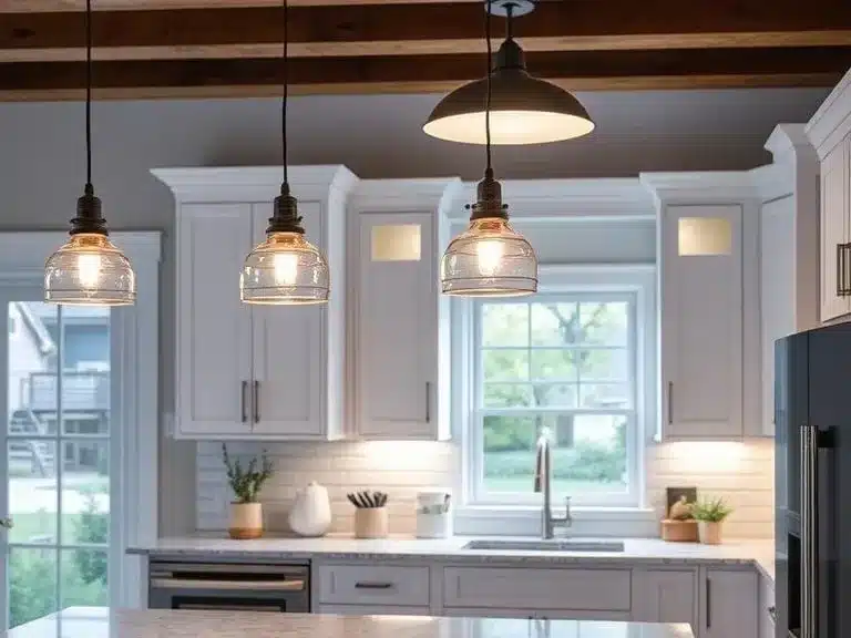 Upgrading kitchen lighting with energy-efficient LED lights and pendant fixtures.