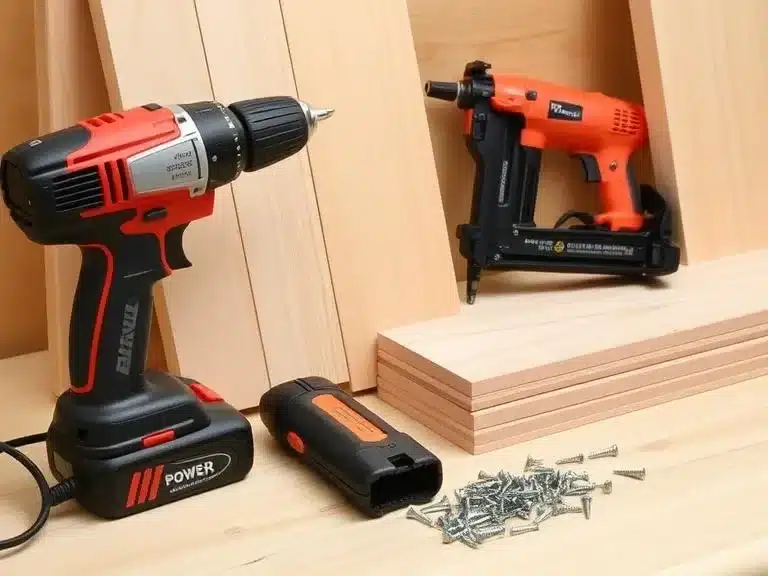 Power drill, screwdrivers, and nail gun used to assemble and secure materials in DIY renovation.