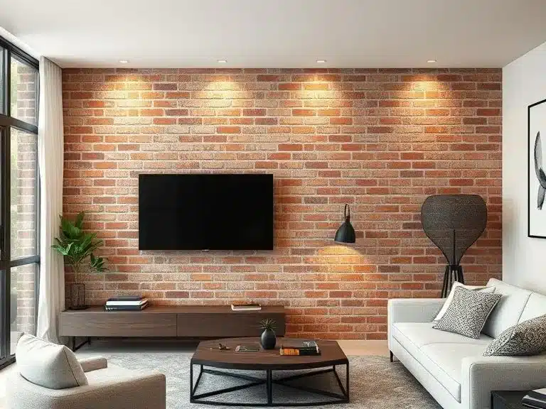 A faux brick accent wall adding rustic charm to a home interior.