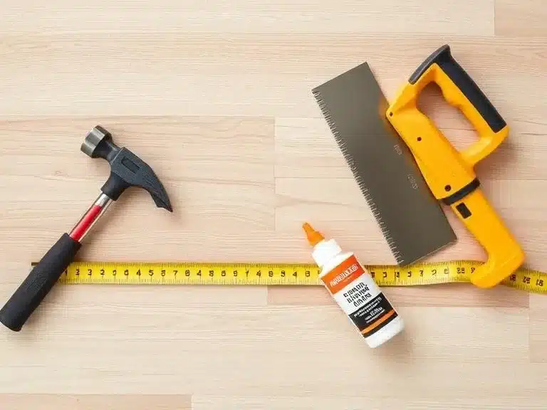 Essential tools and materials for floor installation like tape measure, hammer, and adhesive