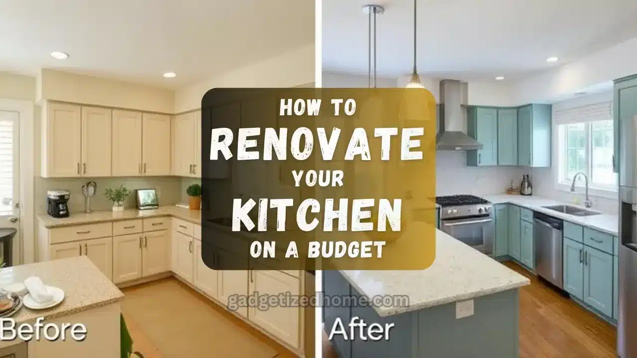 Budget-friendly kitchen renovation ideas with before and after visuals of cabinets, countertops, and lighting.