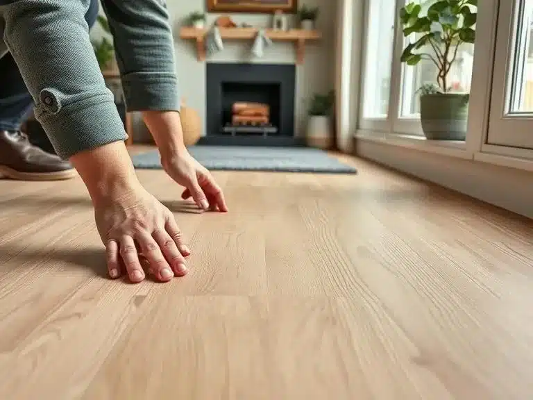 A DIY installation of laminate flooring in a cozy living room.