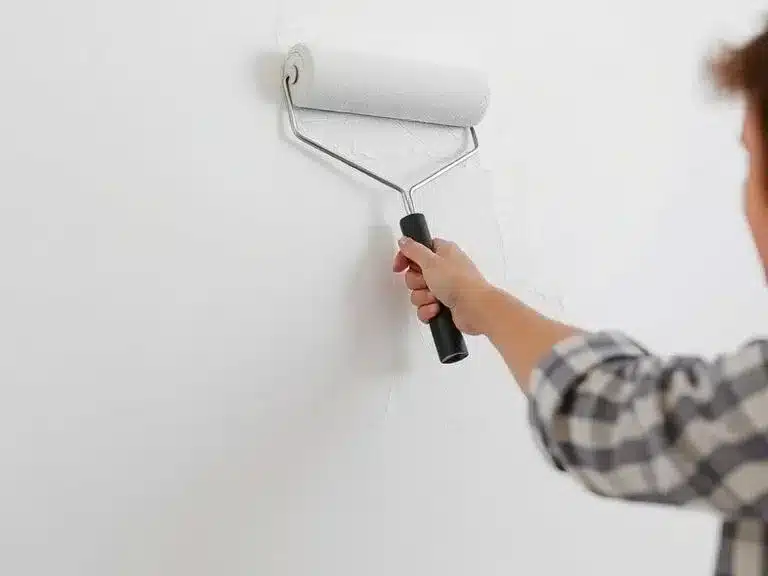 Person painting a wall with a roller and using a brush for cutting in edges.