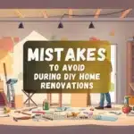 A DIY home renovation project with tools, paint, and construction materials, illustrating common mistakes to avoid.