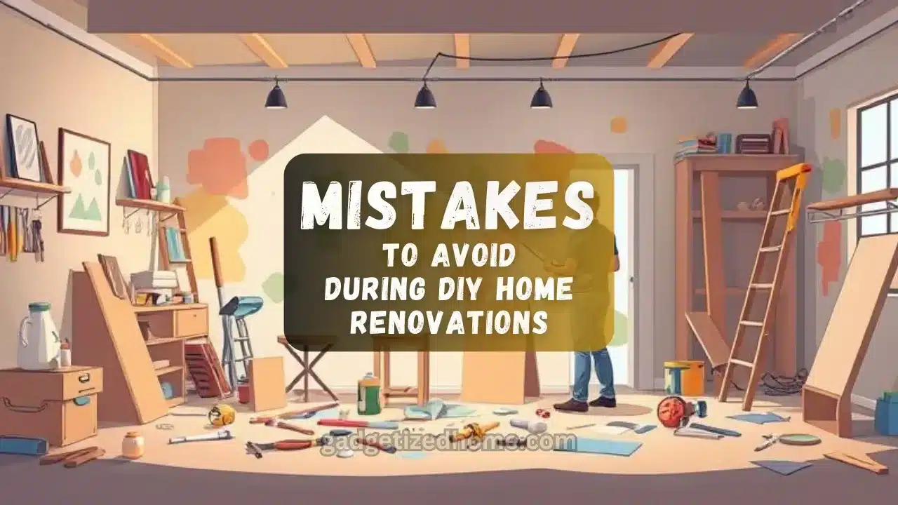 A DIY home renovation project with tools, paint, and construction materials, illustrating common mistakes to avoid.