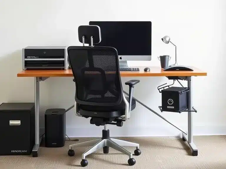 An ergonomic desk setup with a chair, monitor, and keyboard designed for comfort and posture.