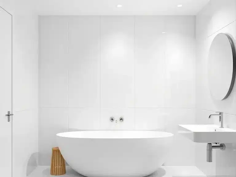 A bathroom with white PVC wall panels for a modern touch.