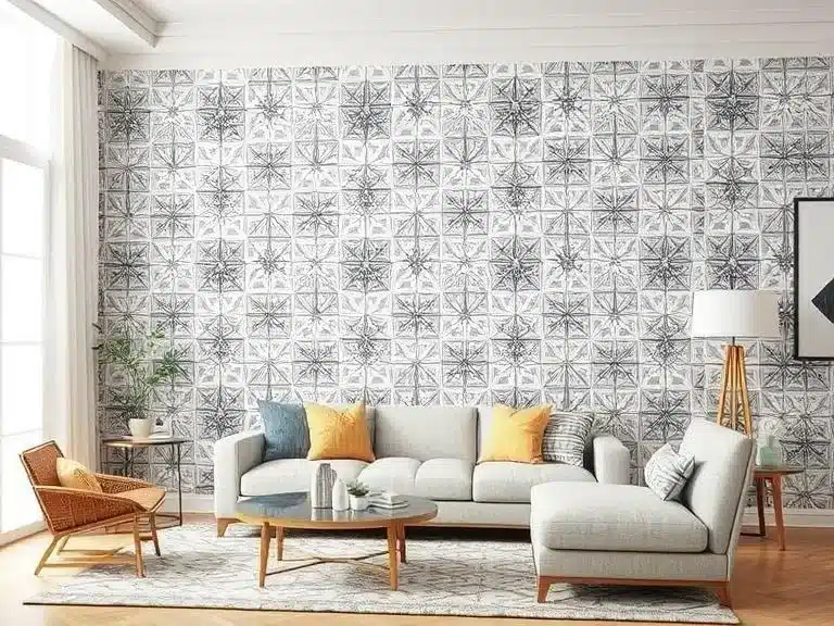 A modern accent wall with peel-and-stick wallpaper in a stylish geometric pattern.