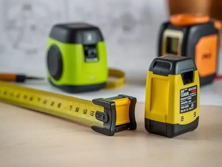 Measuring tape, laser measure, and stud finder for accurate planning in DIY renovation.