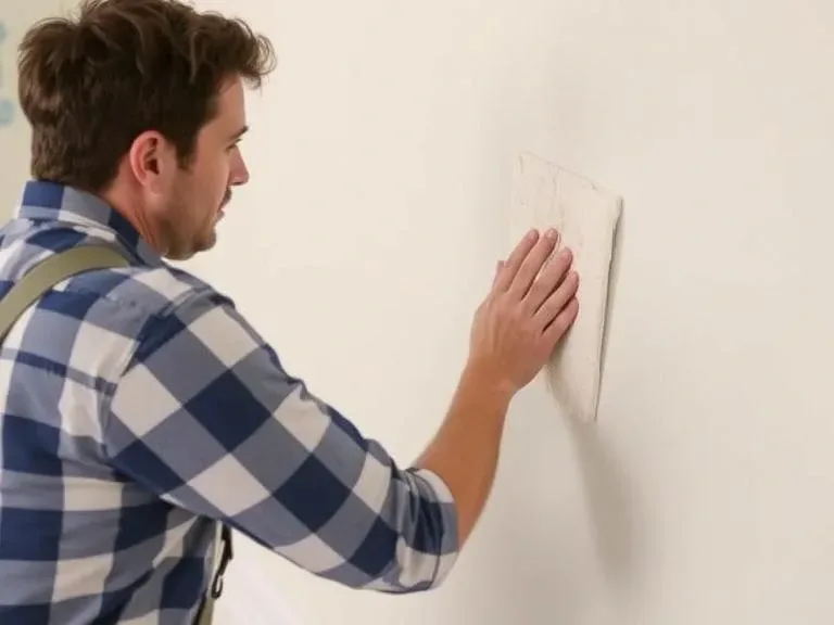 Person cleaning walls and filling holes before painting to ensure a smooth surface.