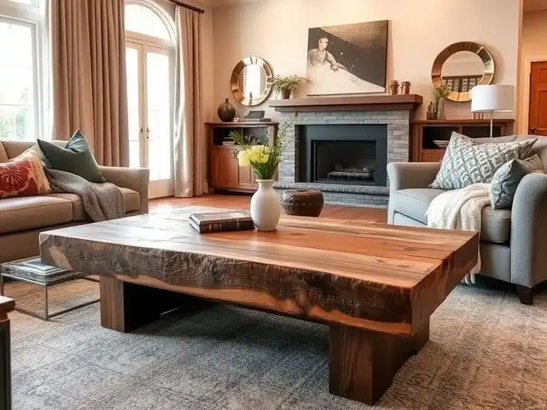 A reclaimed wood coffee table in a cozy living space.