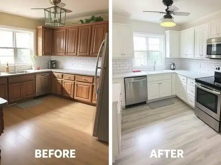 Refinishing or replacing kitchen flooring with cost-effective options like vinyl.