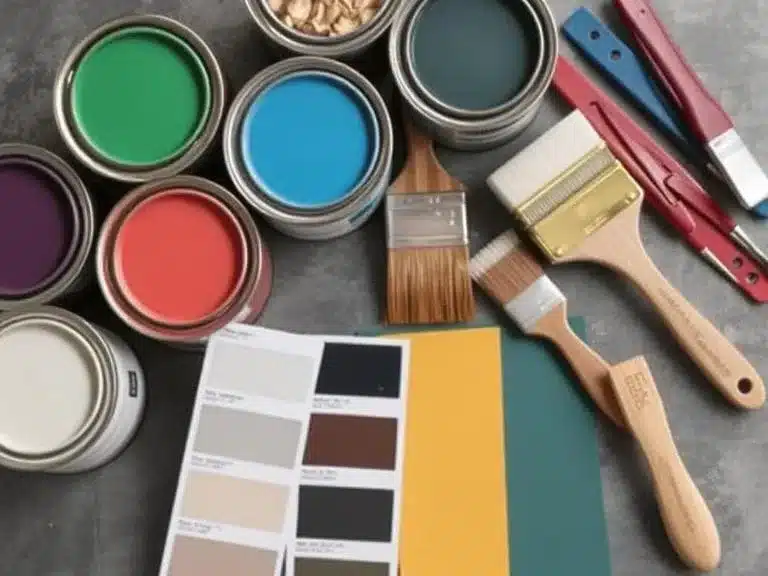 Different types of paint cans and brushes for choosing the perfect color and finish.