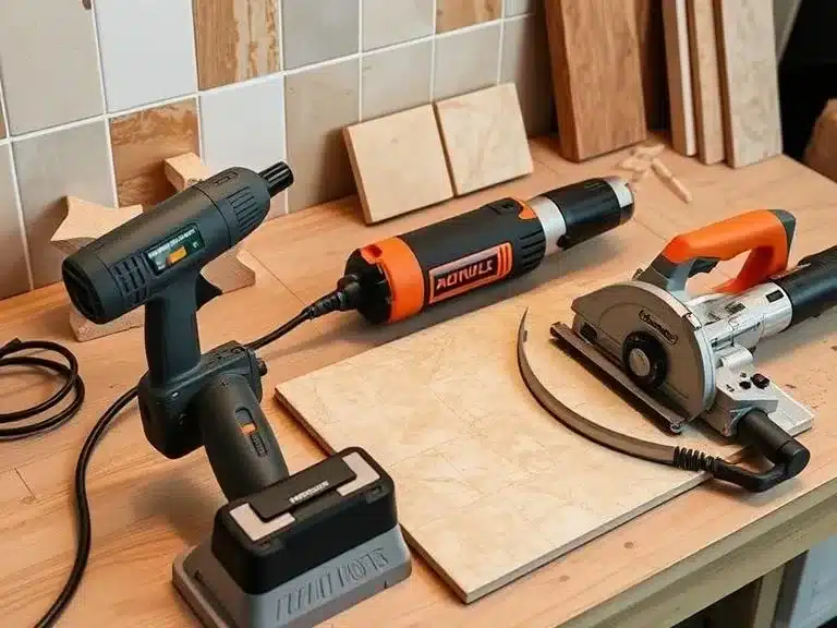 Heat gun, oscillating multi-tool, and tile cutter for specialized DIY renovation tasks.