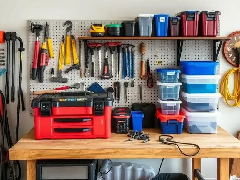 Toolbox, pegboard, and storage containers for organizing tools and materials during renovations.