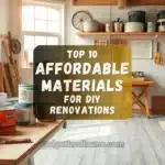 A budget-friendly DIY renovation setup with tools, paint, and affordable materials like vinyl tiles and reclaimed wood.