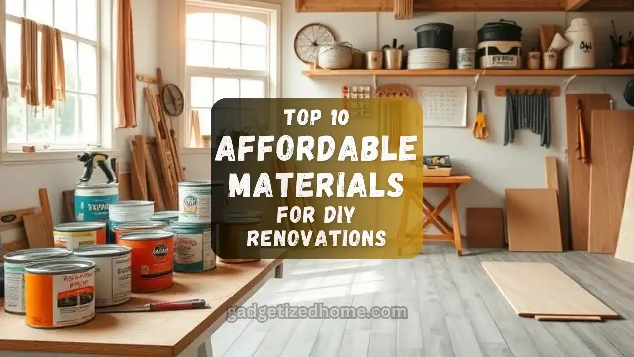 A budget-friendly DIY renovation setup with tools, paint, and affordable materials like vinyl tiles and reclaimed wood.