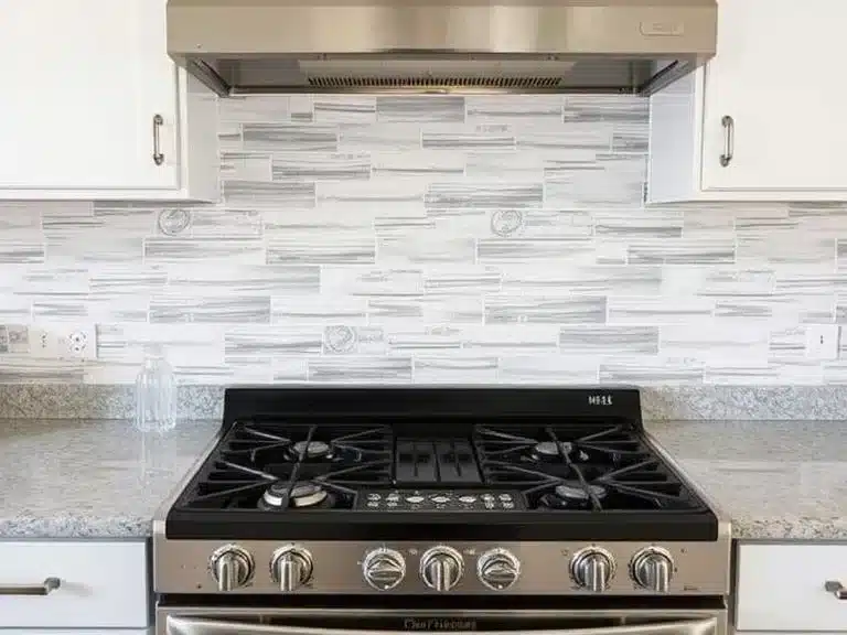 Peel-and-stick vinyl tiles being applied to a kitchen backsplash.