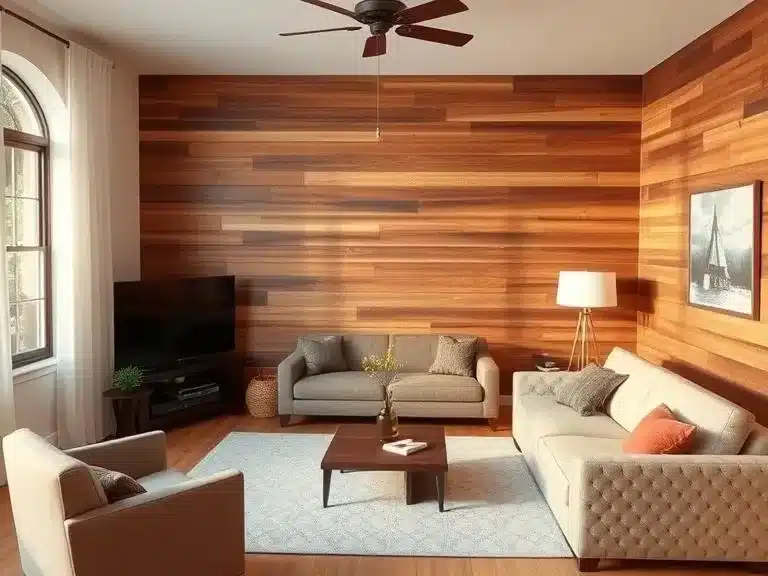 Wood paneling installed on a wall, giving a rustic and cozy look to a living room.