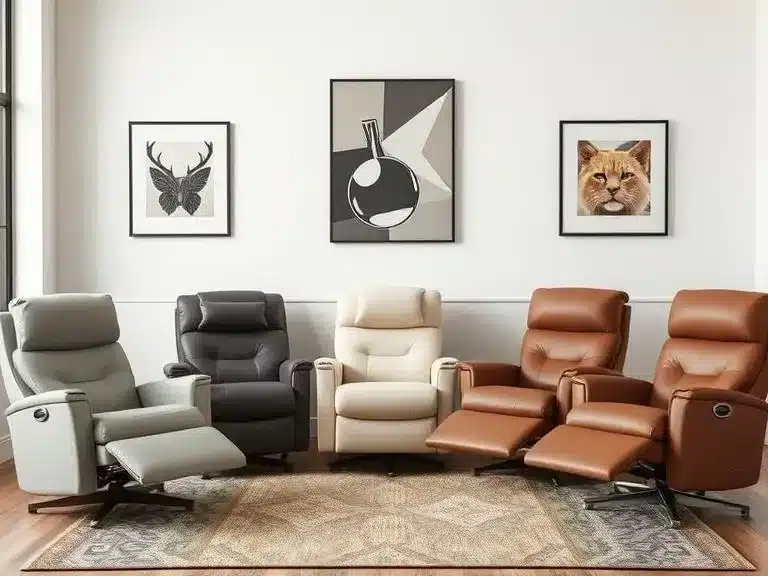 A selection of stylish recliner chairs in different colors and designs, lined up in a living room display.