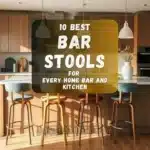 A modern kitchen island with a mix of stylish bar stools in various materials and colors.