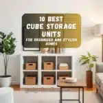 Stylish living room with a modern cube storage unit featuring bins, books, and decorative plants.