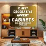 A stylish living room featuring a decorative accent cabinet with modern decor and warm lighting.