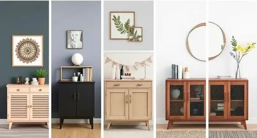 Stylish accent cabinet with sliding doors, placed in a modern living room with storage items inside.