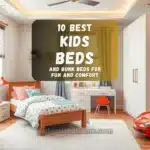 A colorful kids' bedroom showcasing various bed styles like bunk beds, toddler beds, and themed beds in a playful setting.