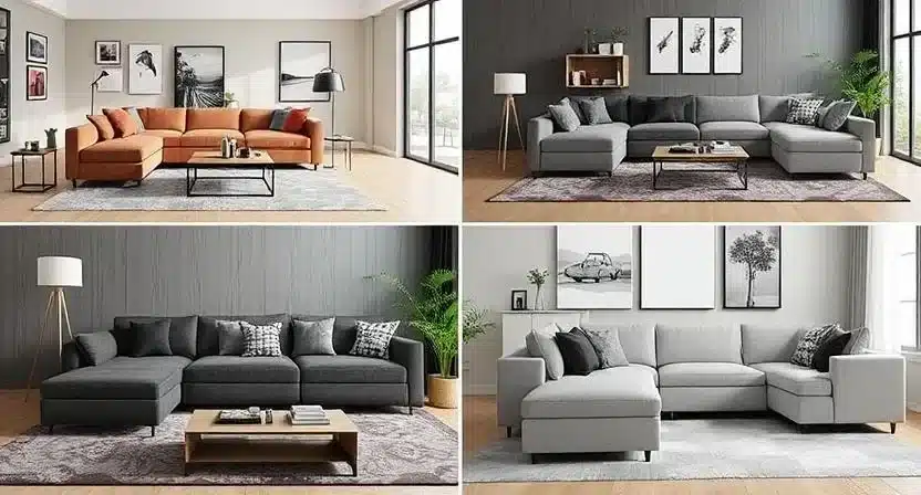 A collage of various modular furniture sets including sofas, shelves, and desks in modern interiors.