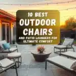 A cozy backyard setup with modern patio chairs, loungers, cushions, and string lights at sunset.