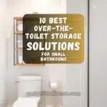 Modern small bathroom with a stylish over-the-toilet storage shelf, holding towels and toiletries.