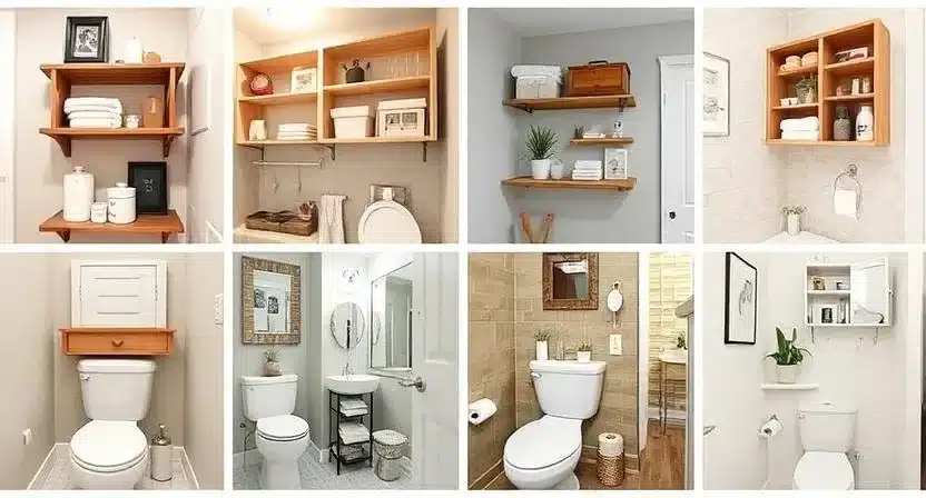 Collage of various over-the-toilet storage units including shelves and cabinets in small bathrooms.